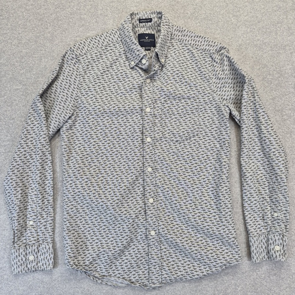 American Eagle Shirt Mens XS Gray Shark Print Flannel Button Down Seriously Soft